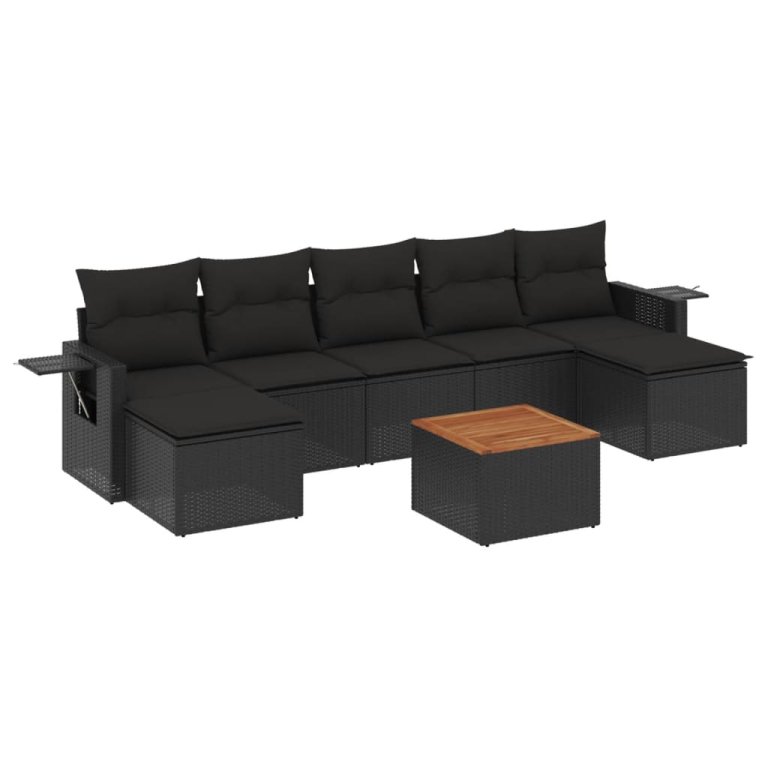 Set mobilier de grădină cu perne, 8 piese, negru, poliratan