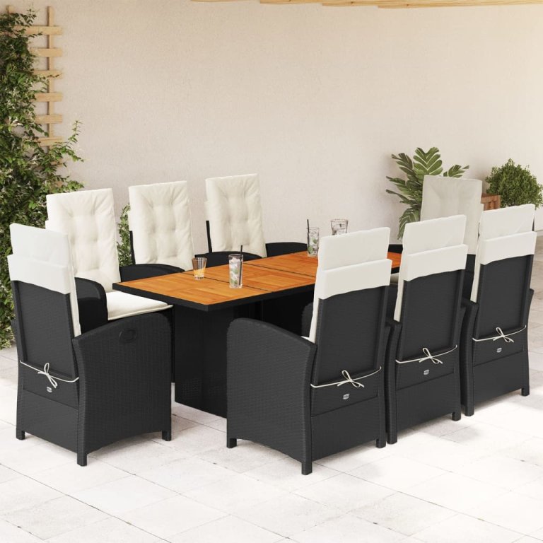 Set mobilier de grădină cu perne, 9 piese, negru, poliratan