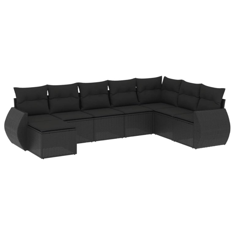 Set mobilier de grădină cu perne, 8 piese, negru, poliratan