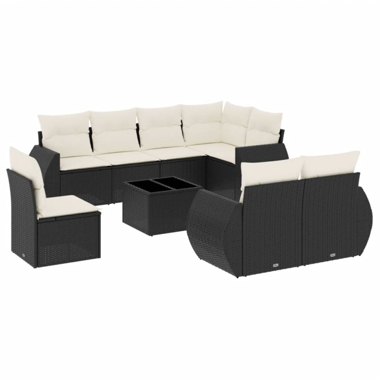 Set mobilier de grădină cu perne, 9 piese, negru, poliratan