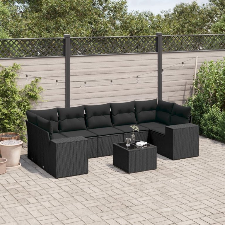 Set mobilier de grădină cu perne, 8 piese, negru, poliratan