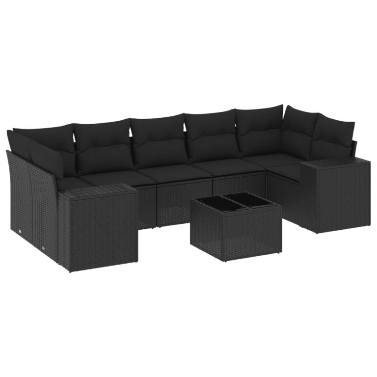 Set mobilier de grădină cu perne, 8 piese, negru, poliratan