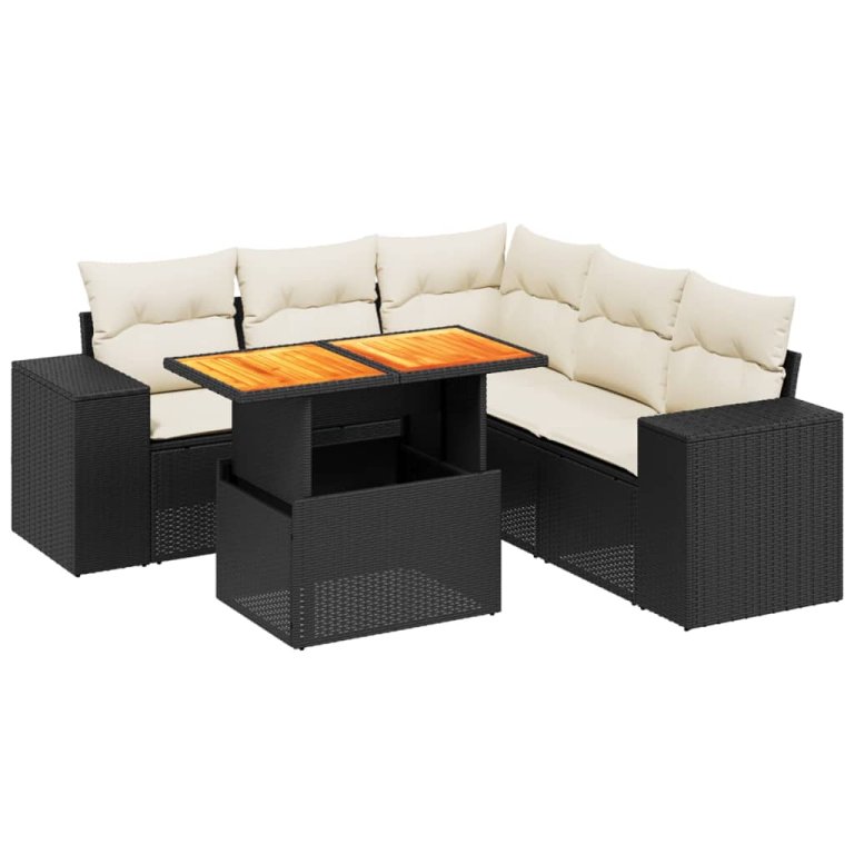 Set mobilier de grădină cu perne, 6 piese, negru, poliratan