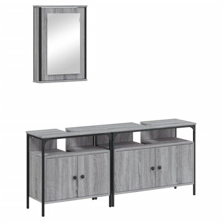 Set mobilier de baie, 3 piese, gri sonoma, lemn prelucrat