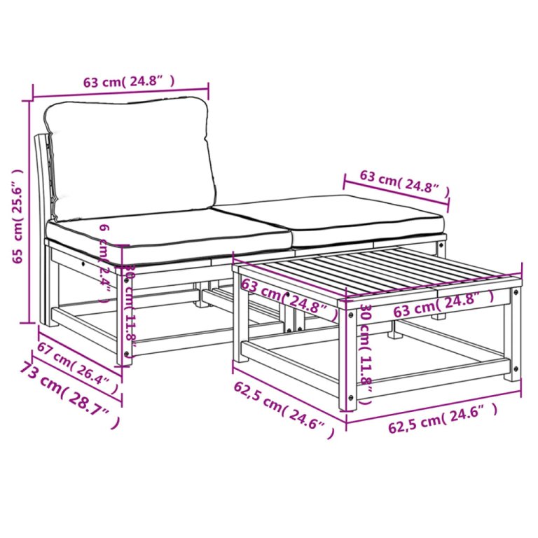 Set mobilier de grădină cu perne, 3 piese, lemn masiv acacia