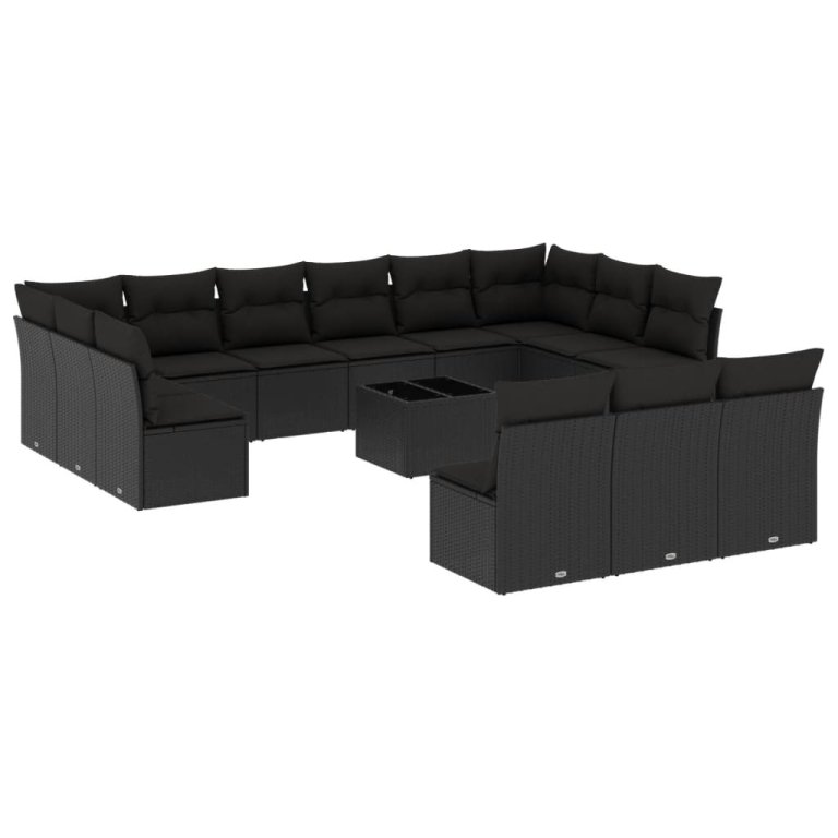 Set mobilier de grădină cu perne, 14 piese, negru, poliratan