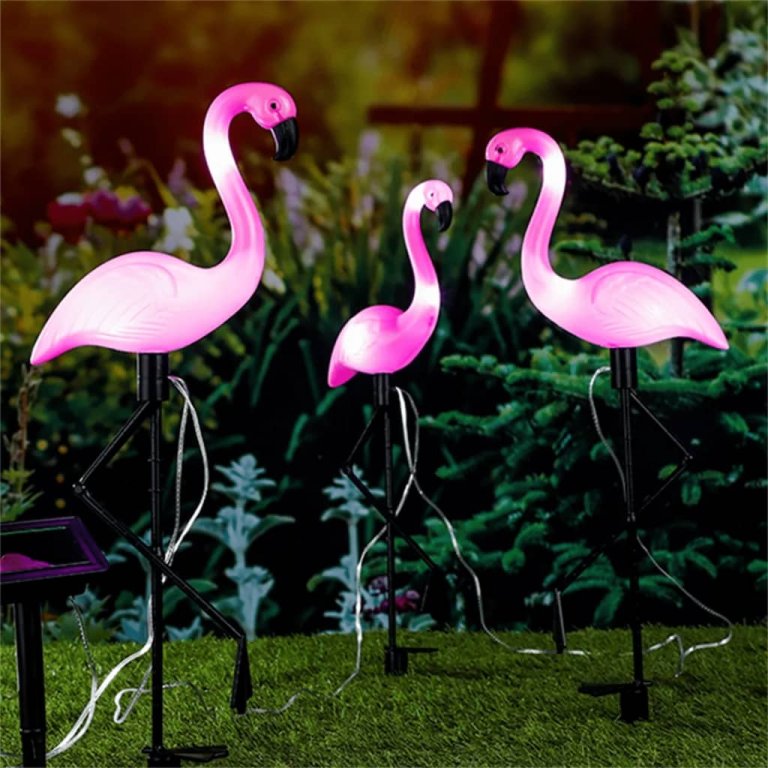 HI Lampă solară de grădină cu LED și țăruș, flamingo, 3 buc.