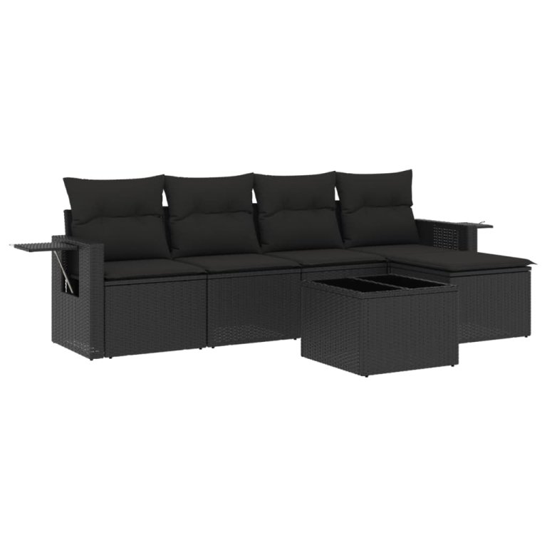 Set mobilier de grădină cu perne, 6 piese, negru, poliratan