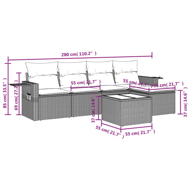 Set mobilier de grădină cu perne, 6 piese, negru, poliratan