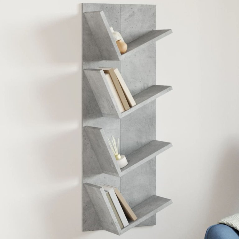 Bibliotecă de perete cu 4 niveluri, gri beton, 33x16x90 cm