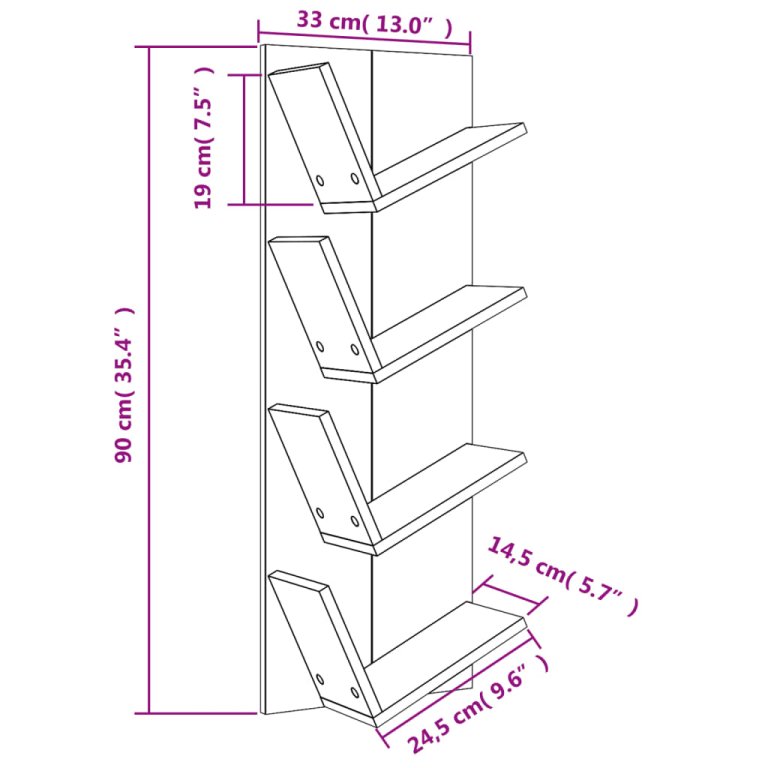 Bibliotecă de perete cu 4 niveluri, gri beton, 33x16x90 cm