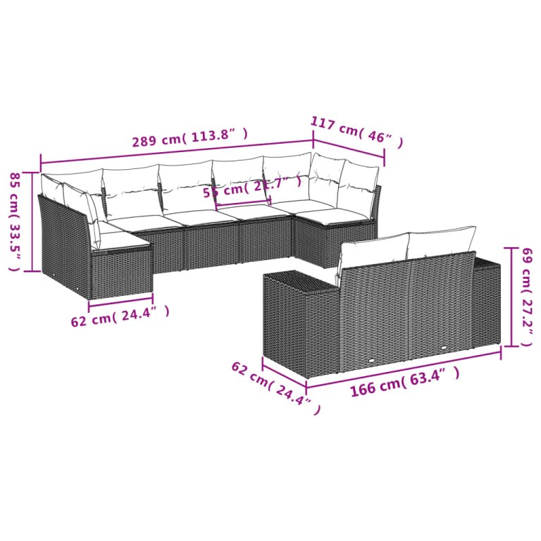 Set mobilier de grădină cu perne, 9 piese, negru, poliratan