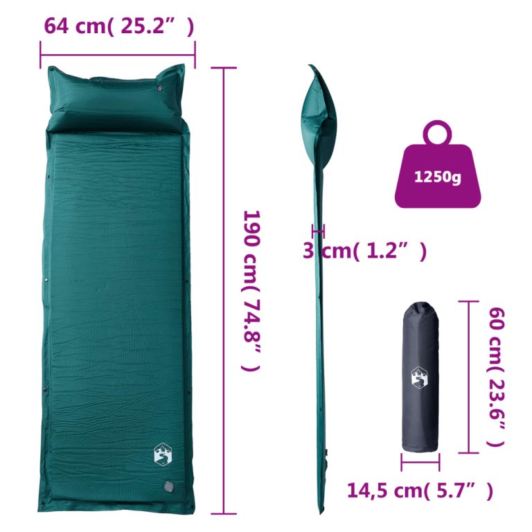 Saltea camping auto-gonflabilă, cu pernă, 1 persoană, verde