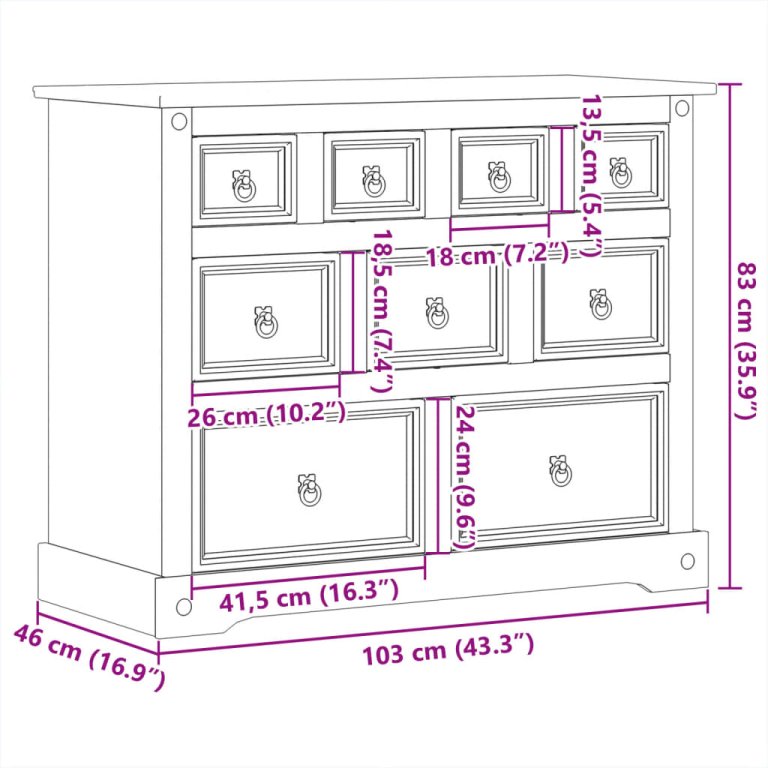 Dulap cu sertare „Corona”, 103x46x83 cm, lemn masiv de pin