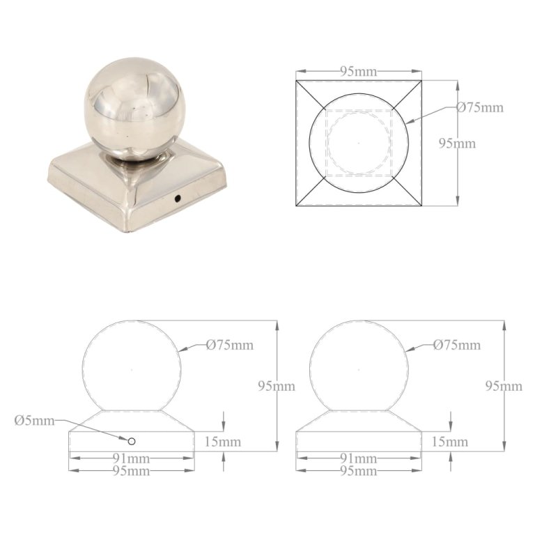 Capace stâlpi tip glob, 6 buc., 91 x 91 mm, oțel inoxidabil