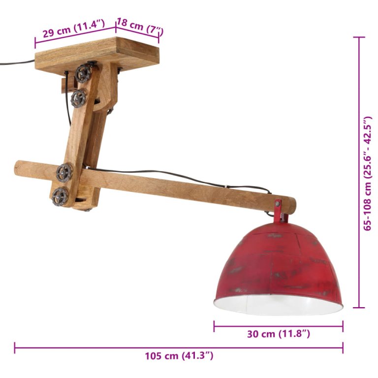 Lampă de tavan 25 W, roșu uzat, 105x30x65-108 cm, E27