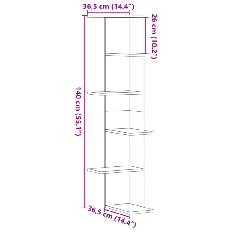 Raft colțar perete gri beton 36,5x36,5x140cm lemn prelucrat