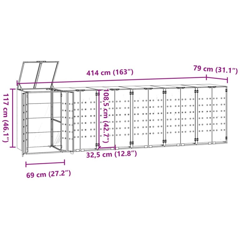 Depozitare coș gunoi cu roți 6 coșuri gri 414x79x117 cm oțel