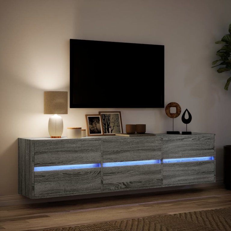 Comodă TV de perete cu lumini LED, gri sonoma, 180x31x45 cm