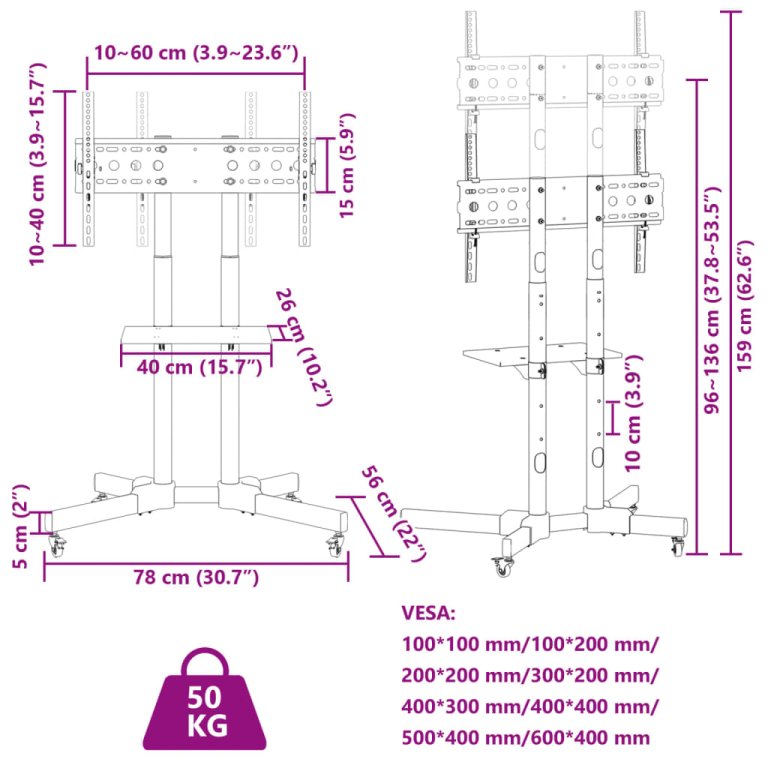 Suport TV pe roți ecran de 32-70 inchi Max VESA 600x400 mm 50kg