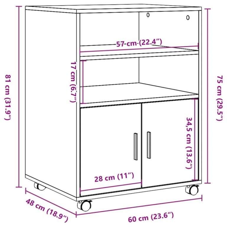 Dulap cu roți, alb, 60x48x81 cm, lemn prelucrat