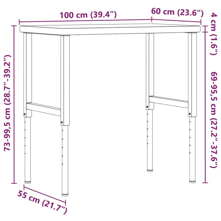 Banc lucru 100x60x(73-99,5) cm lemn masiv stejar dreptunghiular