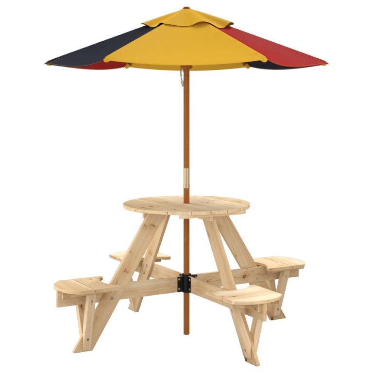 Masă picnic pentru 4 copii cu umbrelă, rotundă, lemn masiv brad