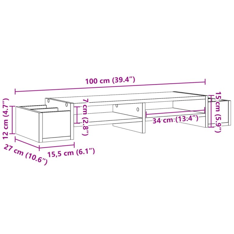 Suport monitor cu depozitare sonoma gri 100x27x15cm lemn