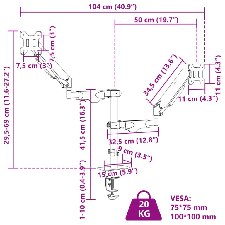 Braț monitor dublu pentru ecran max. 27 inch VESA 75/100mm 20kg