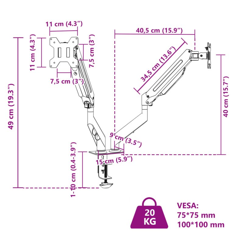 Braț monitor dublu pentru ecran max. 27 inci VESA 75/100mm 20kg