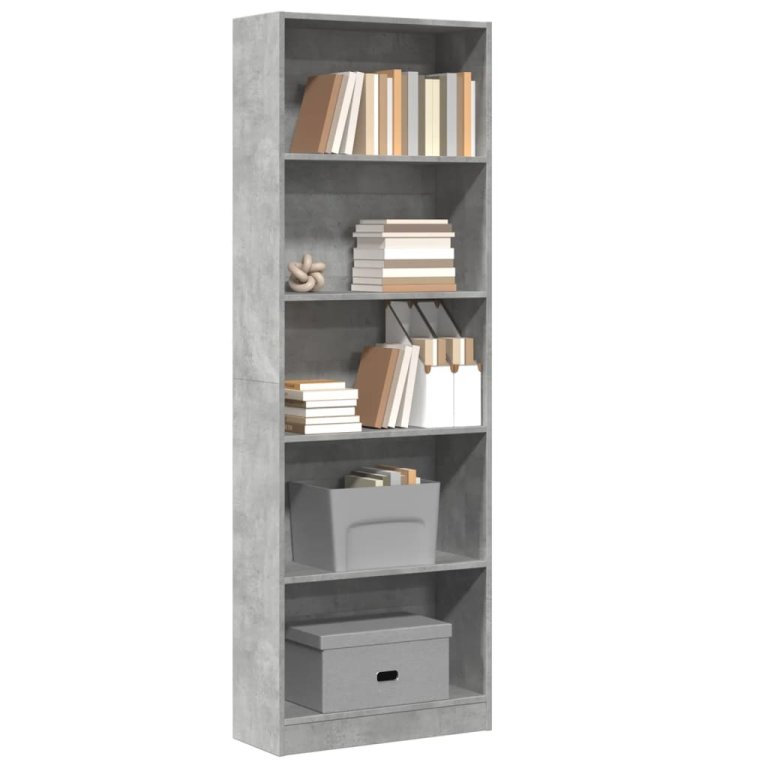 Bibliotecă, gri beton, 60x24x176 cm, lemn prelucrat