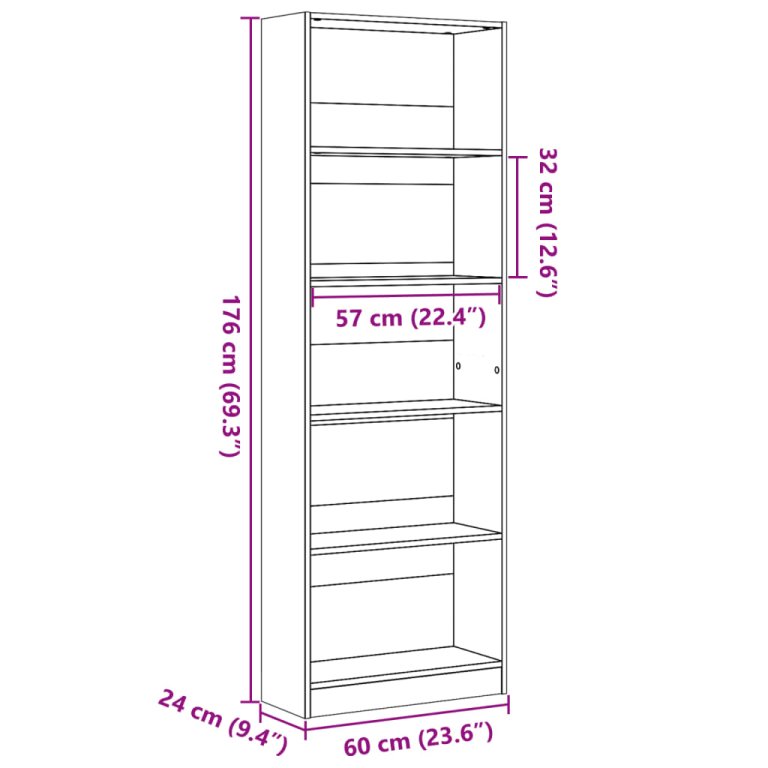 Bibliotecă, gri sonoma, 60x24x176 cm, lemn prelucrat