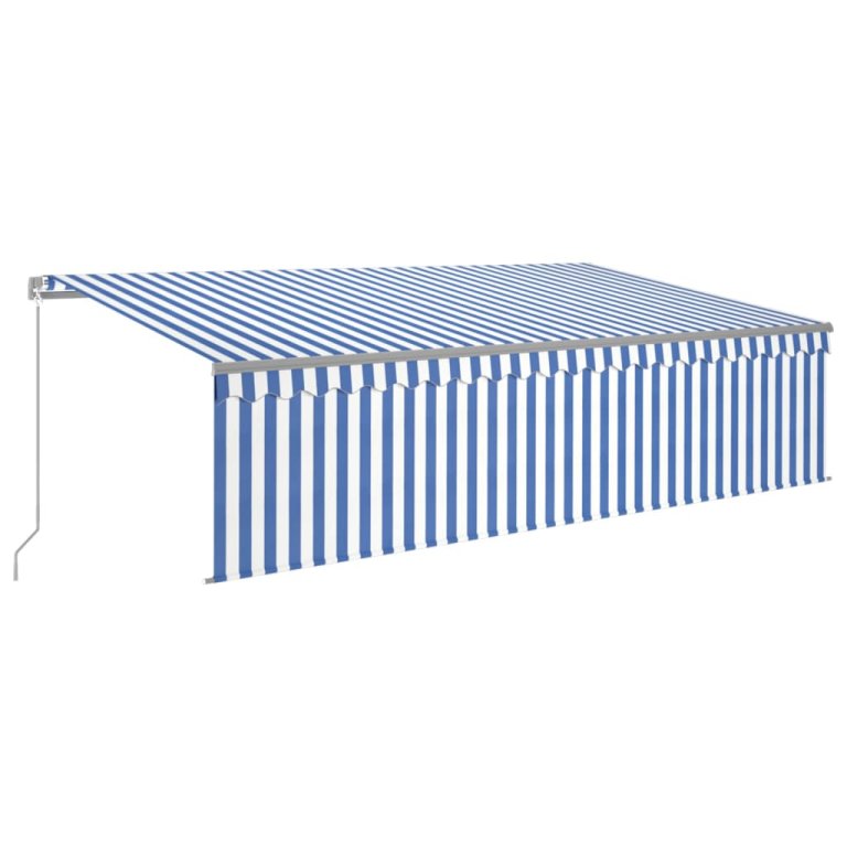 Copertină retractabilă manual cu stor, albastru&alb, 5x3 m