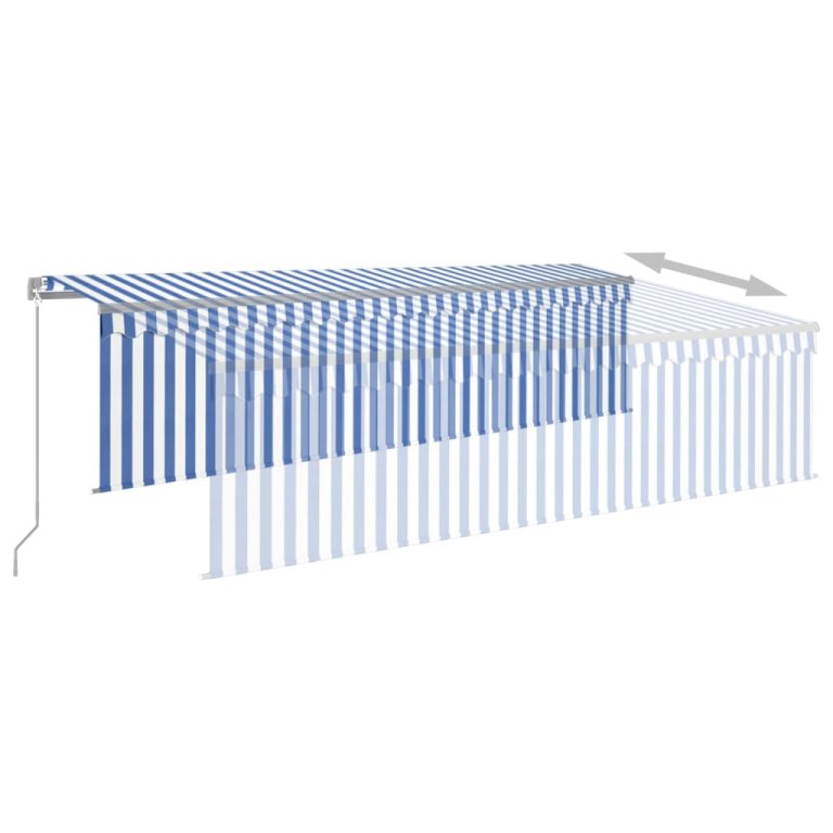 Copertină retractabilă manual cu stor, albastru&alb, 5x3 m