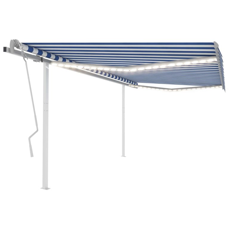 Copertină retractabilă manual, LED, albastru și alb, 4,5x3,5 m