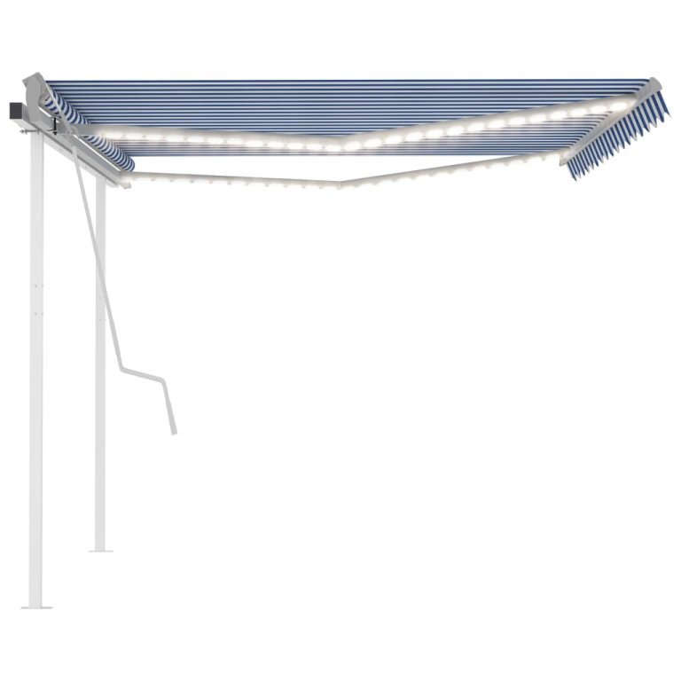 Copertină retractabilă manual, LED, albastru și alb, 4,5x3,5 m