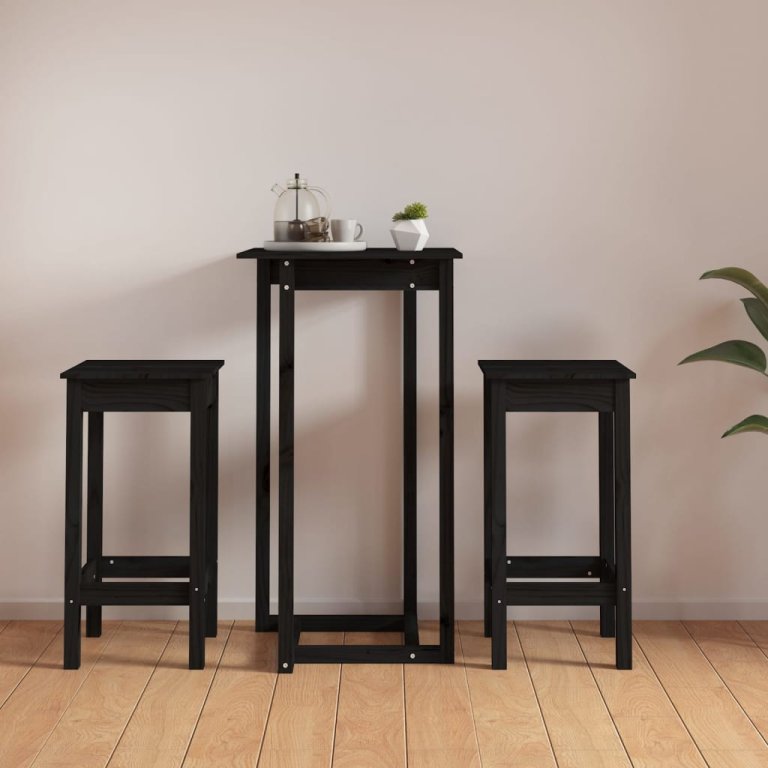 Set mobilier de bar, 3 piese, negru, lemn masiv de pin