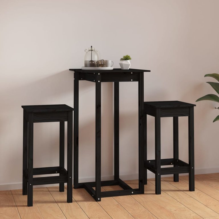 Set mobilier de bar, 3 piese, negru, lemn masiv de pin