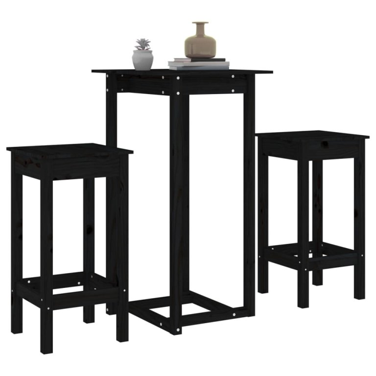 Set mobilier de bar, 3 piese, negru, lemn masiv de pin