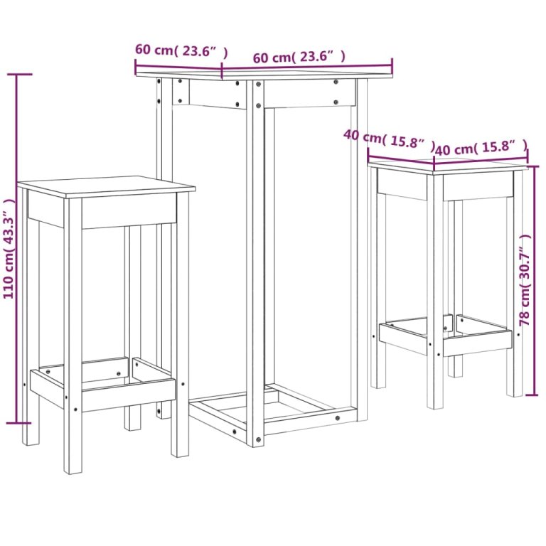 Set mobilier de bar, 3 piese, negru, lemn masiv de pin