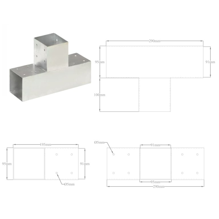 Conectori de grindă, 4 buc, formă T, 91x91 mm, metal galvanizat