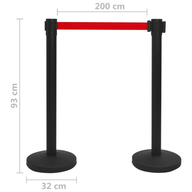 Stâlpi cu bandă, barieră aeroport, 4 buc., negru, fier