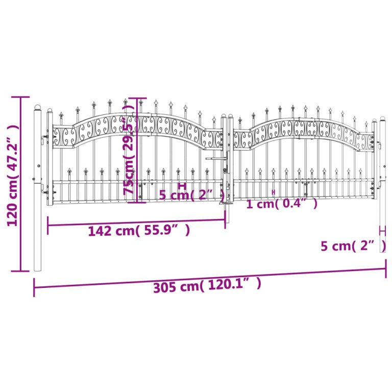 Poartă gard cu vârf negru 305x120 cm oțel vopsit electrostatic