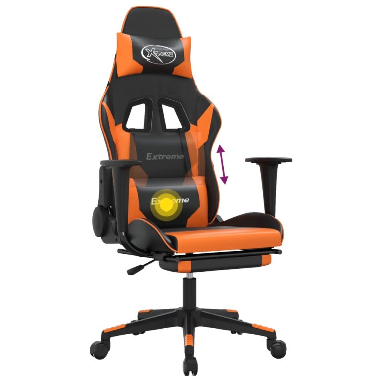 Scaun gaming masaj/suport picioare, negru/portocaliu, piele eco