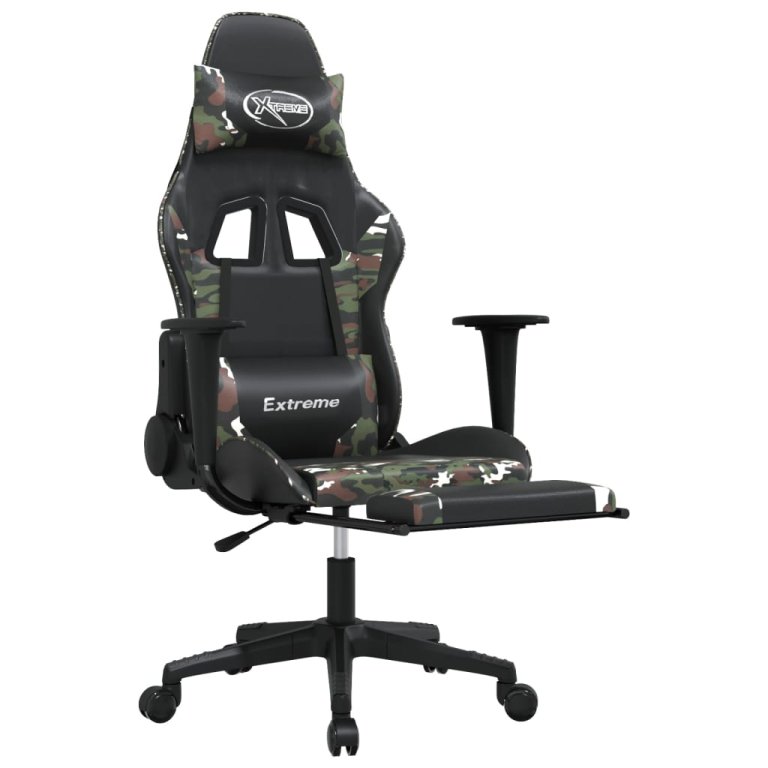 Scaun de gaming masaj/suport picioare negru/Camuflaj piele eco