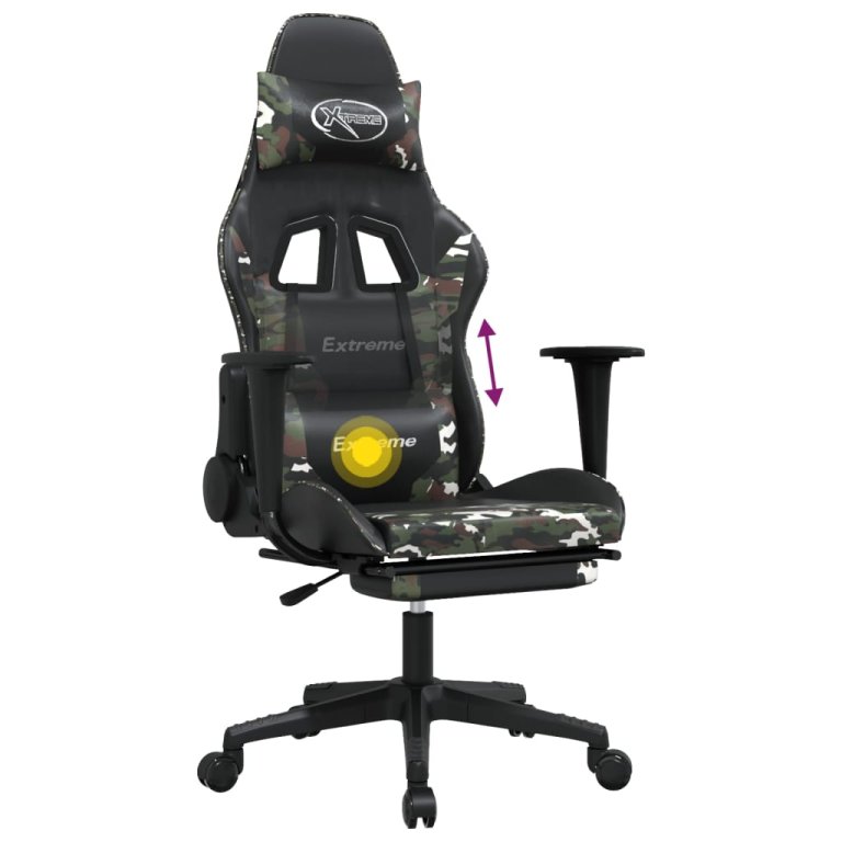 Scaun de gaming masaj/suport picioare negru/Camuflaj piele eco