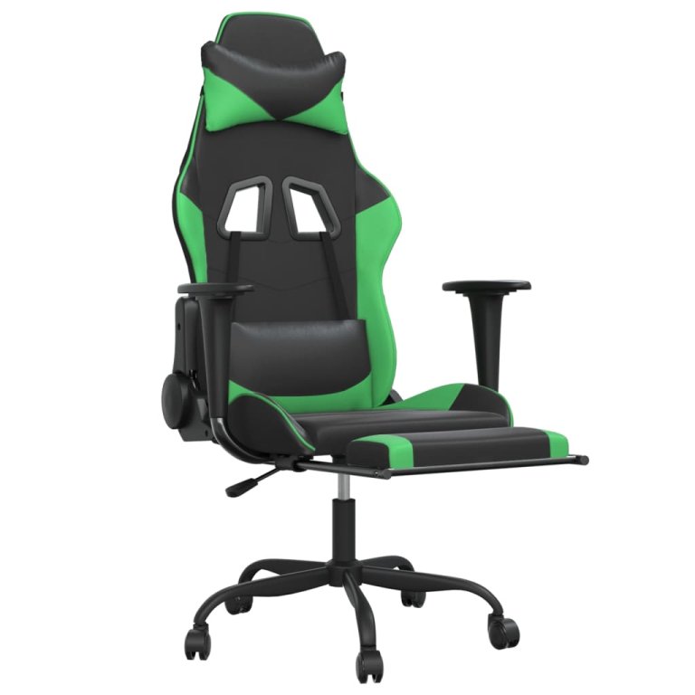 Scaun gaming de masaj/suport picioare, negru/verde, piele eco