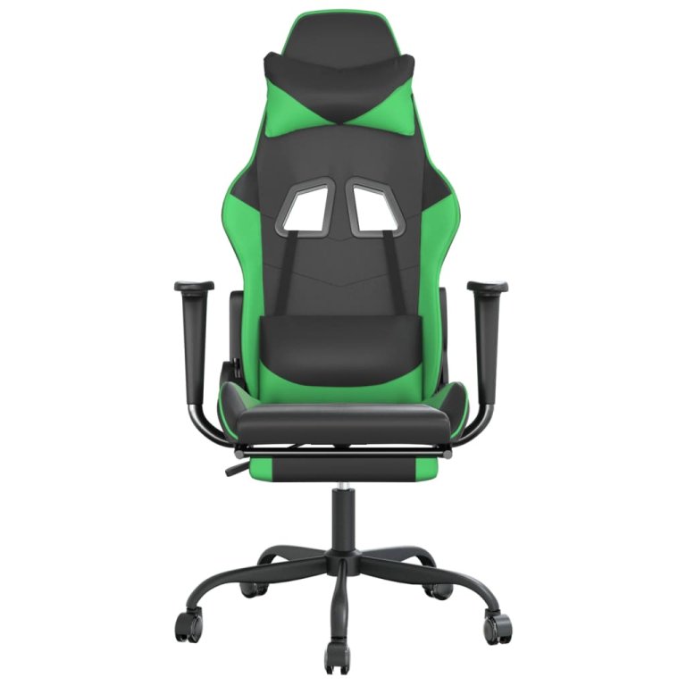 Scaun gaming de masaj/suport picioare, negru/verde, piele eco