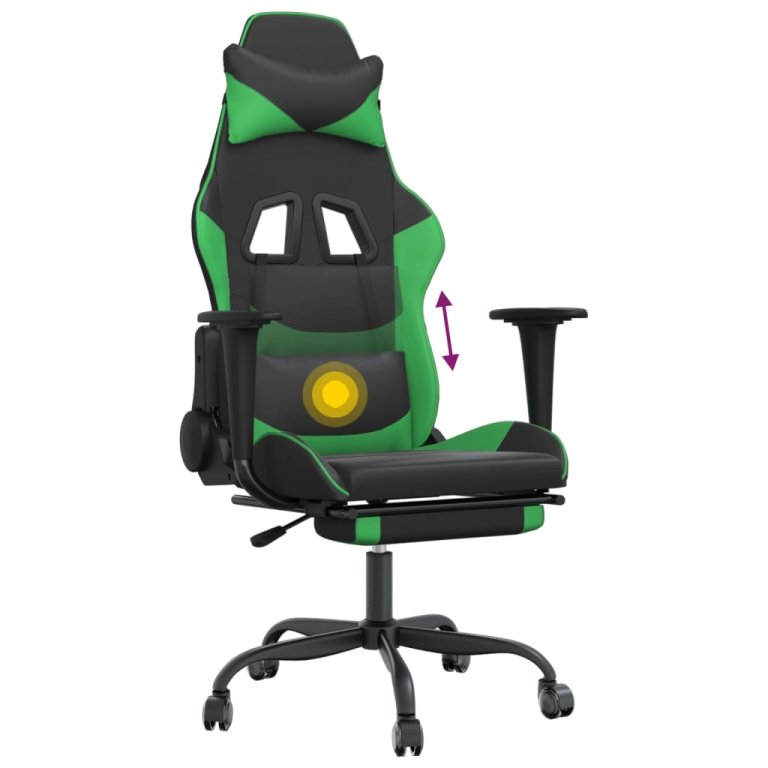 Scaun gaming de masaj/suport picioare, negru/verde, piele eco