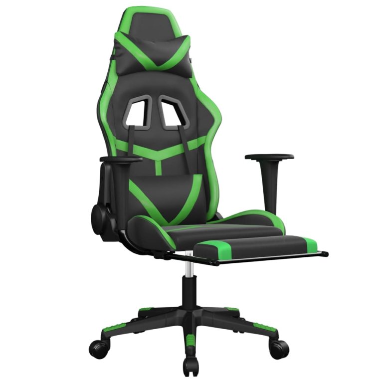 Scaun gaming de masaj/suport picioare, negru/verde, piele eco